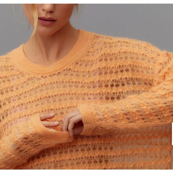Anthropologie Orange sheer Open-Stitch Pullover Sweater oversized sz XS - Picture 2 of 7
